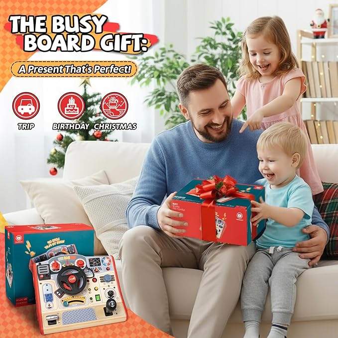 Toddler Busy Board Toy for Steering Wheel with Sounds & Lights, Sensory Montessori Toy for 3 Year Old Boys Girls Birthday Present, Wooden Travel Toys for Kids Ages 3