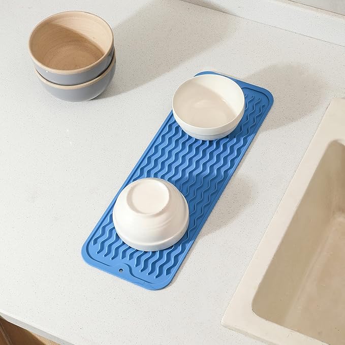 MicoYang Silicone Dish Drying Mat for Multiple Usage,Easy clean,Eco-friendly,Heat-resistant Silicone Mat for Kitchen Counter,Sink,Bar,Bottle,or Cup Lichen Blue M 17 inches x 6 inches