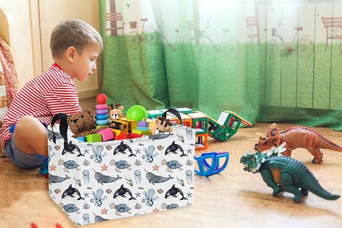 Essme Rectangular Ocean Baskets,Kids Storage Box,Cute Basket for Kids with Handles for Room Decor, Book Bins,Shelf Basket.(Sea)