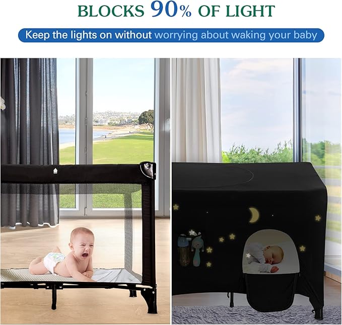 Pack N Play Blackout Cover, Hiaksedt Crib Canopy Cover for Pack and Play, Breathable Blackout Tent for Travel Crib, Portable Stretchy Netting Cover for Indoor Outdoor Travel Playard
