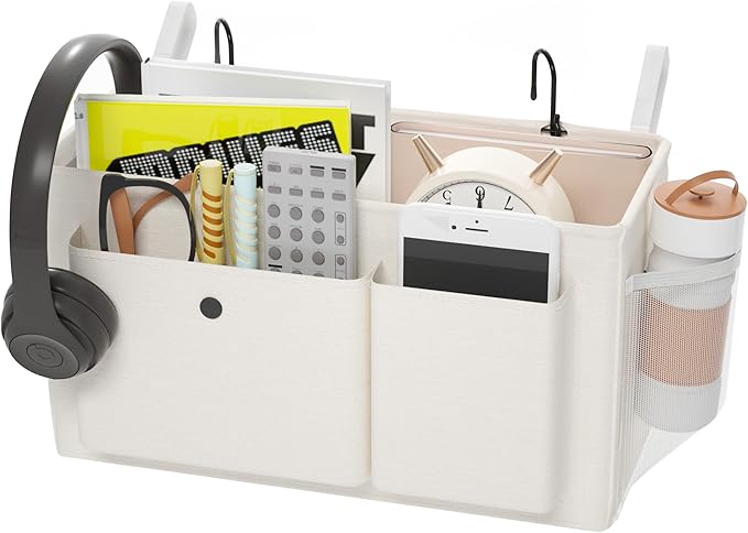 Edudif Bedside Caddy Bedside Organizer with Fixed Straps & Water Bottle Holder, Bunk Bed Caddy ideal for Home, Dorm, Hospital, Crib, Versatile Bedside Storage Solution (White)