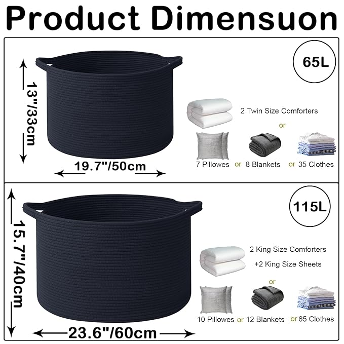 Large Storage Basket with Handle,19.7" L x 19.7" W x 13" H Blanket Basket Storage Bins for Organizing,65L Cotton Rope Woven Baskets for Living Room, Nursery,Bedroom,Navy