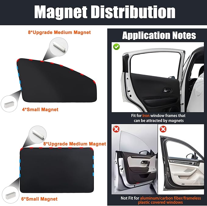 XCBYT 4-Pack Magnetic Car Window Shades for Camping Privacy - 100% Blackout Side Window Covers (Metal Frames Only) - UV Protection Sun Shade for Baby Sleeping - Universal Fit Automotive Curtains