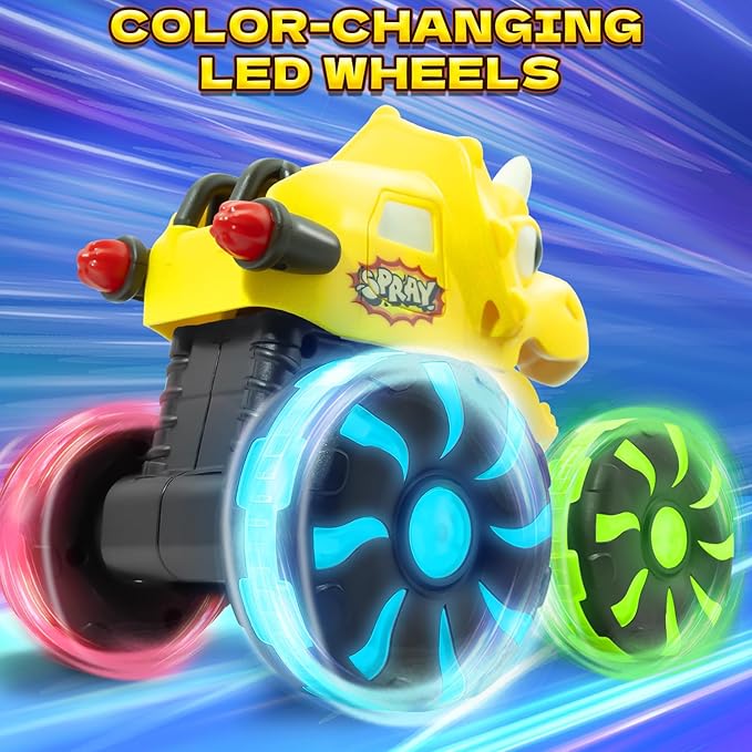 Intoypad Yellow Triceratops Dino Monster Truck – Toddler Push Car Toy with LED Wheels – Press & Go Dinosaur Toy Vehicle for Kids Ages 2 3 4 5 – Chomping Mouth Light-Up Action Toy for Boys Girls