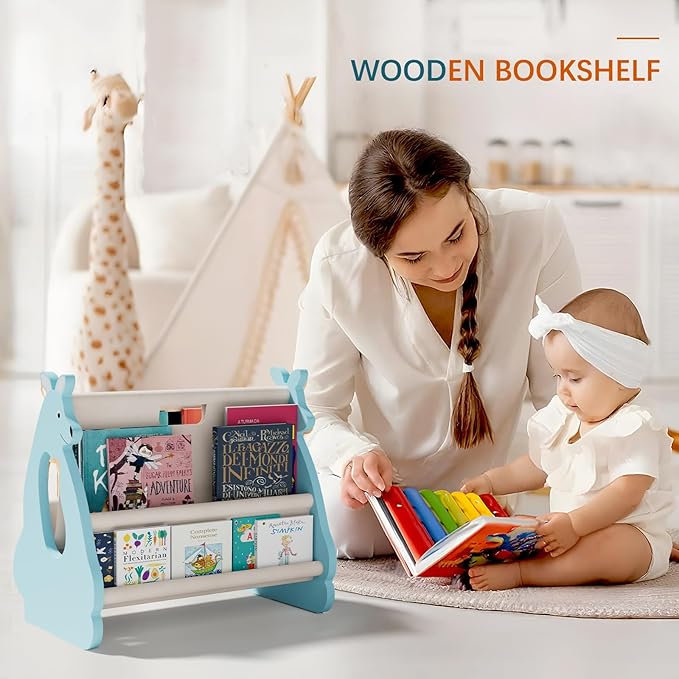 Lullulii Double Sided Kids Bookshelf – 2 Tier Portable Toddler Bookshelf, Book Shelf for Kids Rooms & Playroom, Cute Kangaroo Design Wooden Montessori Baby Bookshelf,Toddler Book Display Shelves,Blue