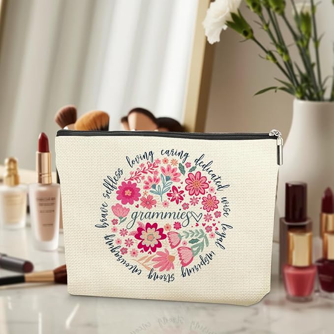 Grammies Grandma Gifts Makeup Bag, Grandma Birthday Gifts, Funny Christmas Retirement Mothers Day Gift for Women Grammies Mimi Cosmetic Bags,Abstract Floral Zipper Pouch Travel Toiletry Bag Organizer