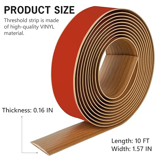10Ft Floor Transition Strip Self Adhesive Vinyl Cover Floor Strip Flat Divider Transition Strip Wood Grain Design for Laminate Floor Gaps and Doorway Transitions (10Ft x 1.57 Inch, Light Brown)