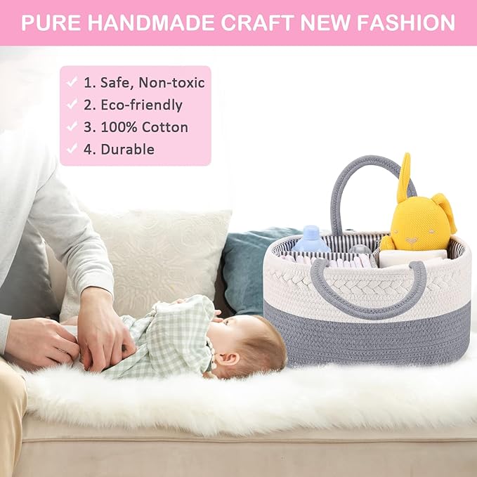 ABenkle Diaper Caddy Organizer, Boho Rustic Cotton Rope Nursery Baby Basket, Changing Table Organizer for Baby Diaper Storage and Baby Shower