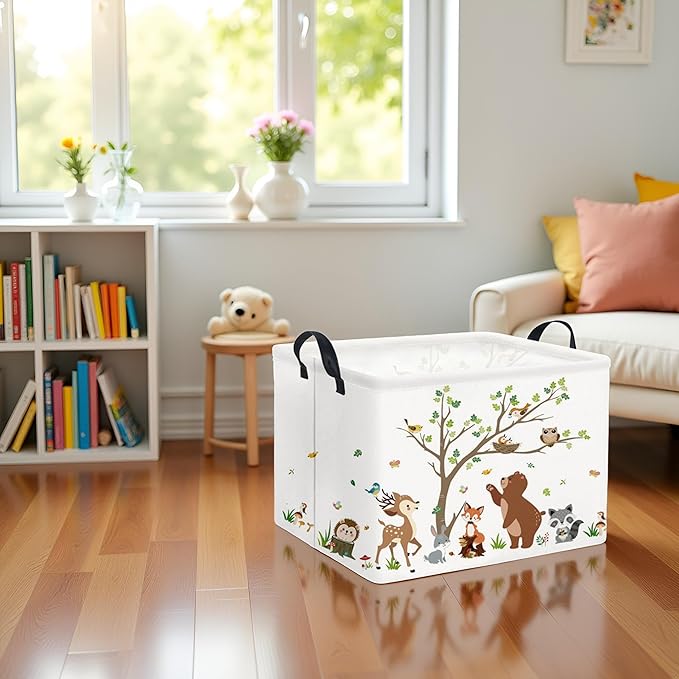 TIBAOLOVER Rectangular Kids Storage Basket Baby Storage Basket with Handles for Home Kitchen Boys and Girls Cute Toy Storage Bin Organizer Shelf Book Room Decor(Tree Animal)
