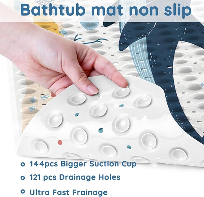LNOND Bath Mat for Tub for Kids, Toddler Bathtub mat Non Slip, Whales and Coral Kids Bath Mats for Bathroom Non Slip with Drain Holes and Suction Cups,Machine Washable (40 X 16 Inch)