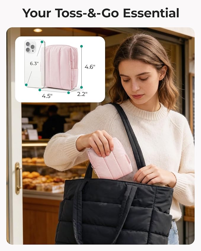 BAGSMART Small Travel Makeup Bag for Purse Toiletry Pouch, Puffy Padded Mini Cosmetics Bag, Cute Make Up Pouch for Women with Slip-in Pocket, Travel Essentials for Toiletries, Greige