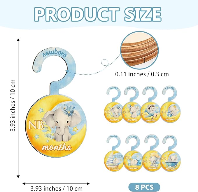 Baby Clothes Dividers for Closet - Set of 8 Wooden Baby Size Closet Dividers Newborn to 24 Months, Newborn Organizer for Boys & Girls - Adorable Moon Elephant Baby Nursery Decor Kit New Parents Gifts