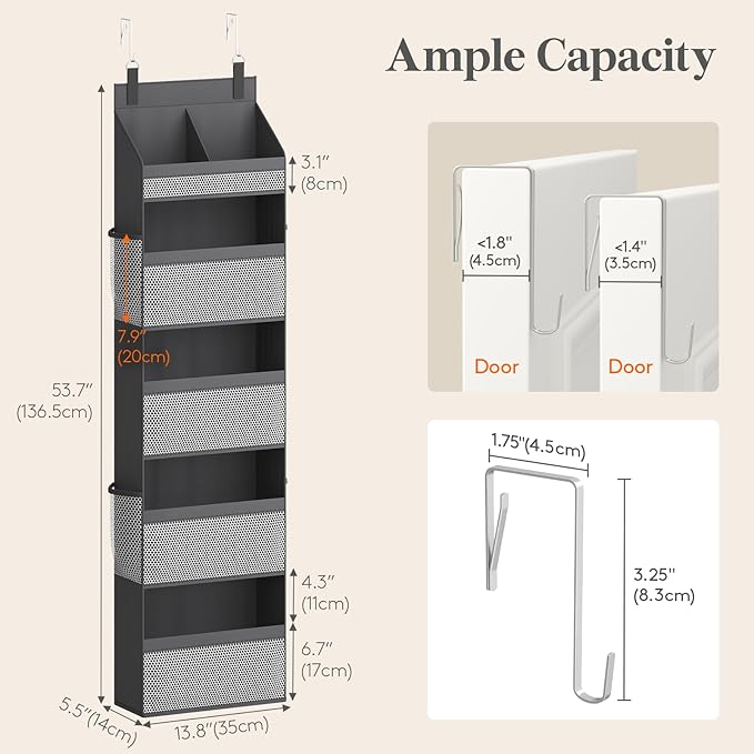 Lifewit 5 Tier Over the Door Diaper Organizer for Nursery, Large Heavy Duty Hanging Storage with 4 Mesh Side Pockets, Sturdy Back of Door Shelf for Baby Stuff Toy in Pantry, Laundry, Bathroom, Gray
