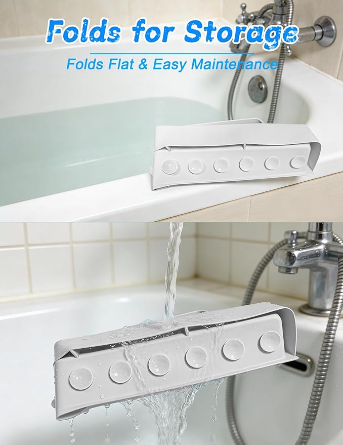 Splash Guard for Bathtub 31.5 Inch Silicone Tub Splash Guard with 11 Suction Cups Foldable Bath Toy Holder & Play Shelf Prevents Water Spills for Standard Tubs (Light Gray)