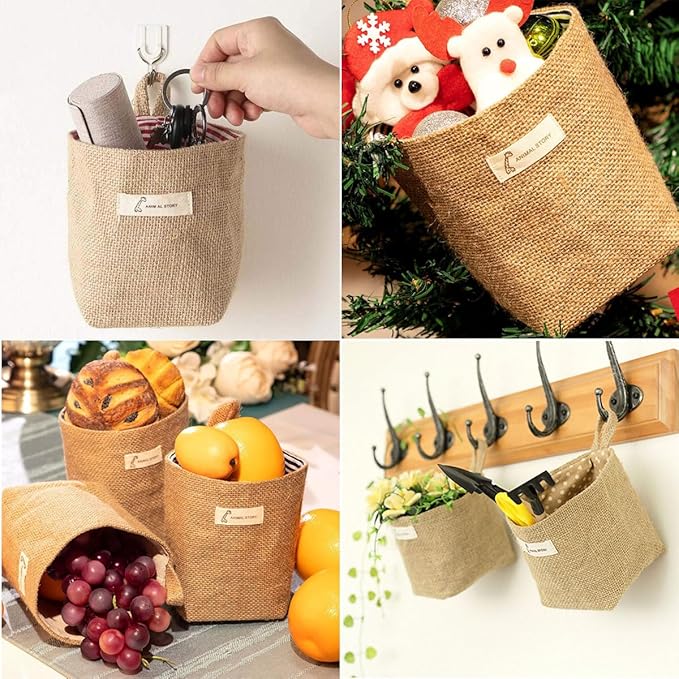 6 PCS Mini Hanging Storage Bags, Anberky Cotton Linen Small Storage Basket Wall Hanging Organizer Box Wall Mounted Storage Pocket Collapsible Decor Bin Bag with Handle for Wall Door Closet (#A)