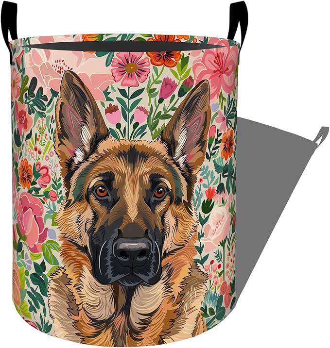 Noble German Shepherd with Floral Laundry Basket with Handles, 19.7"x15.7" Clothes Foldable Laundry Hamper Organizer for Dorm Nursery Bedroom Bathroom Decor, Toy Storage Bin for Kids