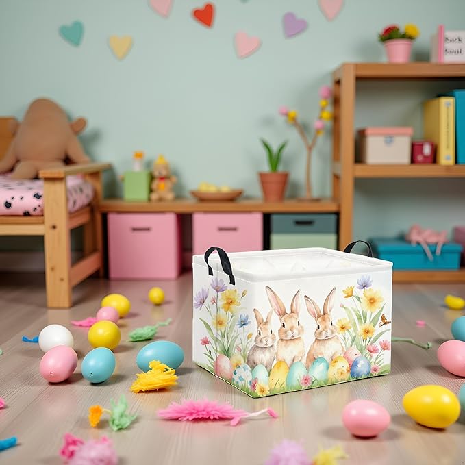 TIBAOLOVER Rectangular Easter Basket Easter Gift Basket for Kids Baby Storage Basket Cute Toy Storage Bin Organizer Shelf Book Basket Easter Room Decor(Easter Bunny)