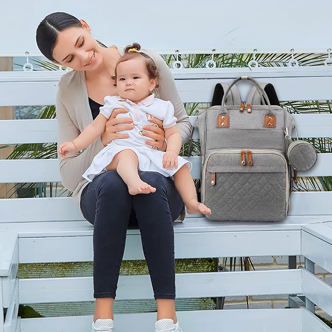 GurZinn Baby Diaper Bag Backpack with Changing Station Travel Waterproof 3 in 1 Foldable Pad Unisex Grey