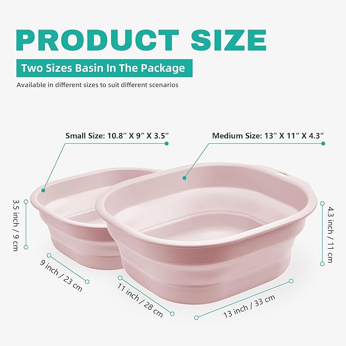 Bellglee 2 Pack Collapsible Wash Basin Set, Foldable Dish Tub, Small Medium Portable Sink for Kitchen, Camping, RV, Baby Bottles, Laundry, Plastic Washbasin -Pink