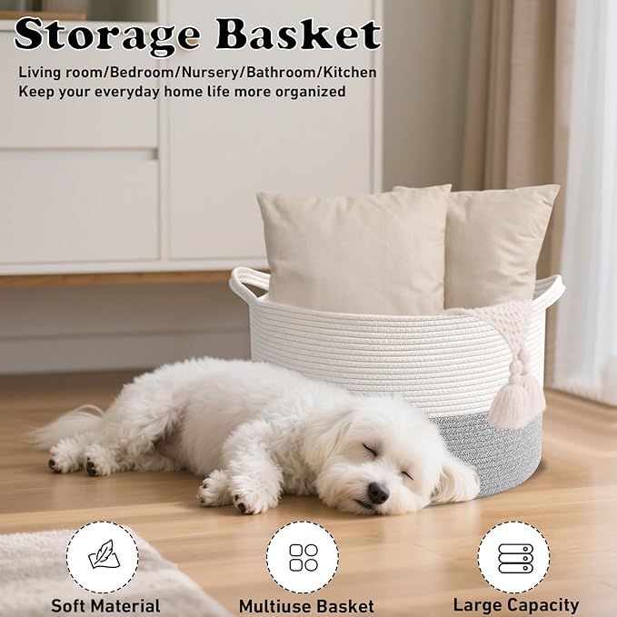 Large Storage Basket with Handle,23.6" x 23.6" x 15.7" Blanket Basket Storage Bins for Organizing,115L Cotton Rope Woven Baskets for Living Room, Nursery,Bedroom,White&Grey