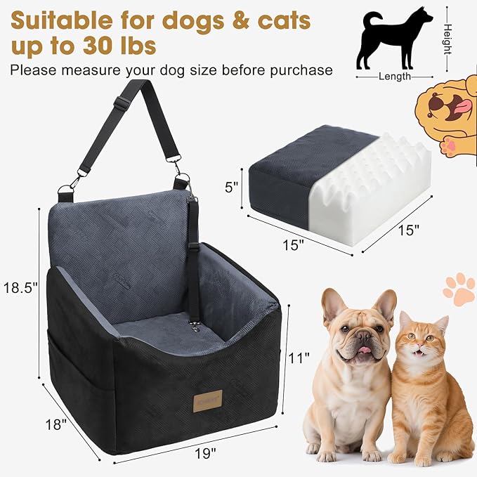 JOEJOY Dog Car Seats for Small Medium Dogs Under 35lbs, Dog Booster Seat with Detachable Washable Cover and Cushion, Memory Foam Pet Car Seat with Safety Belt and Storage Pockets (DG)