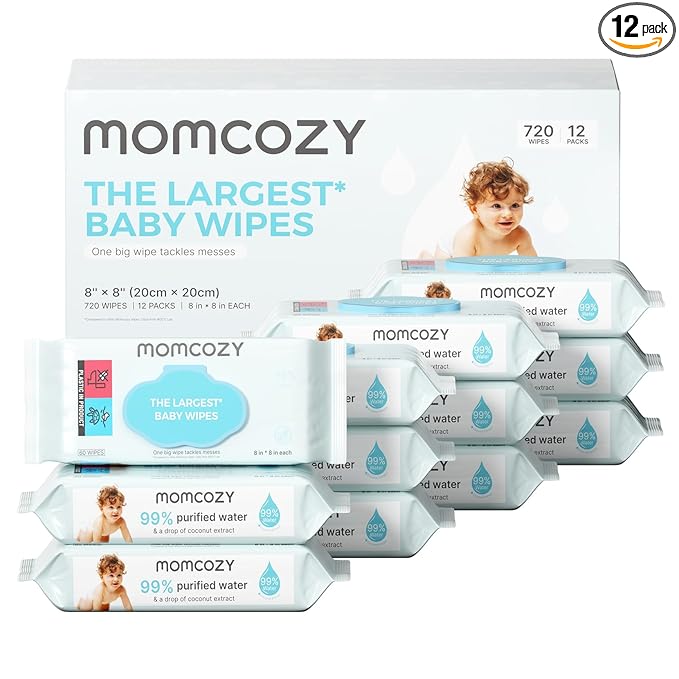 Momcozy Baby Wipes Plus Wipes –Size, Thickness, Moisture, Softness & Scenario Plus, 99% Water-Based Wet Wipes, Unscented & Hypoallergenic, Gentle for Sensitive Skin, 720 Count (12 Packs)