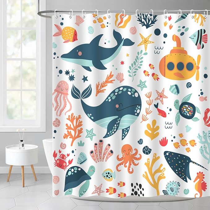 Kids Cartoon Ocean Shower Curtain Cute Fish Sea Turtle Whale Dolphin Funny Underwater Submarine Animal Sea Life Children Home Bathroom Decor Waterproof Fabric 72Lx60W Inch with 12PCS Hooks