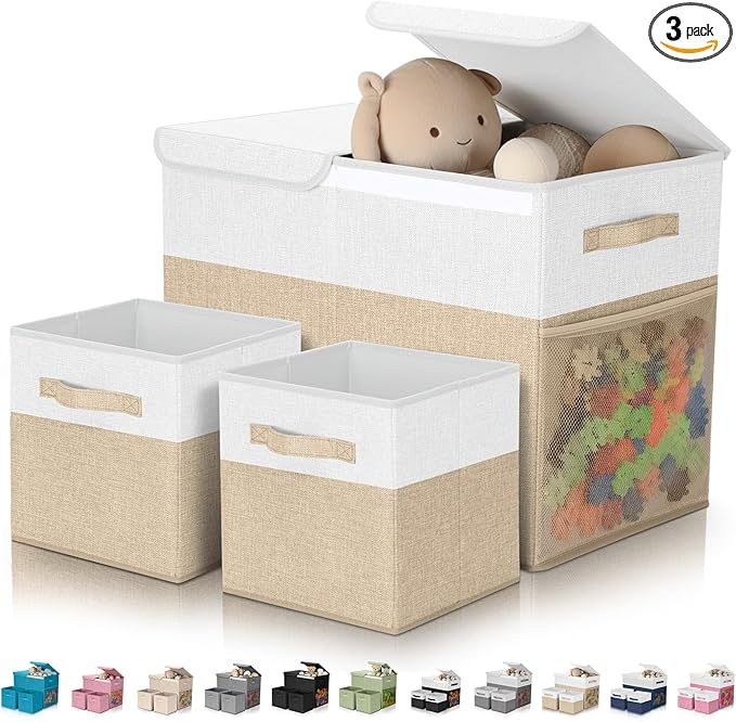 Fiwochic 3 Pack 23" Large Toy Storage Box with 11" Cubes Bins, Collapsible Toy Organizer Chest with Lids for Kids Nursery Playroom Bedroom Living Room Christmas Ornament Storage Box(Beige White)