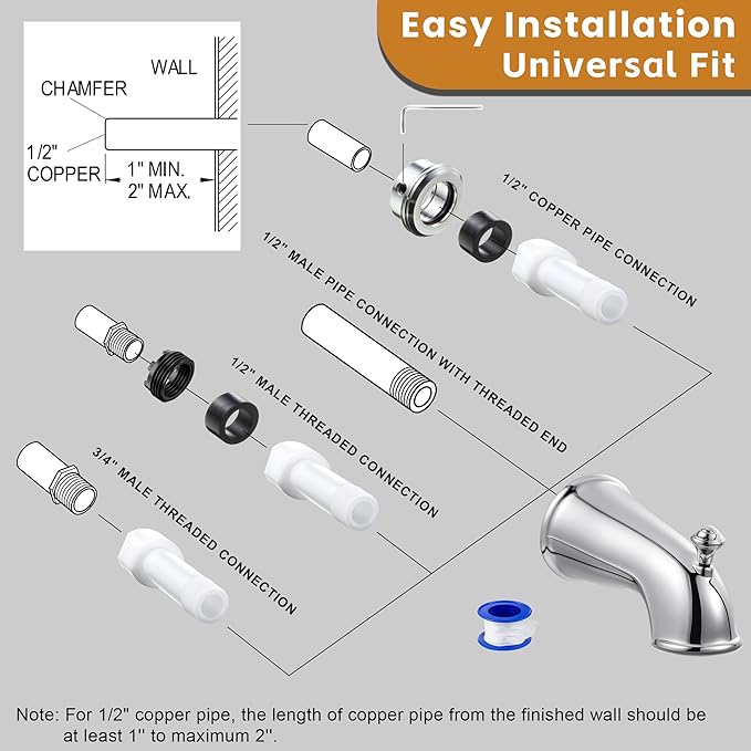 Dreyoo Tub Spout (Universal Fits 1/2" Copper Pipe, 1/2" IPS and 3/4" IPS), Bathroom Bathtub Faucet with Adapters and Hex Wrench(Chrome,Classic)