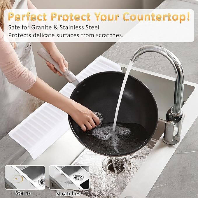Sink Edge Protector with Suction Cup 14“ 20” 30", Silicone Sink Splash Guard for Kitchen & Bathroom, Protect Countertop from Scratches, Stains, for Stainless Steel Granite Quartz-Clear