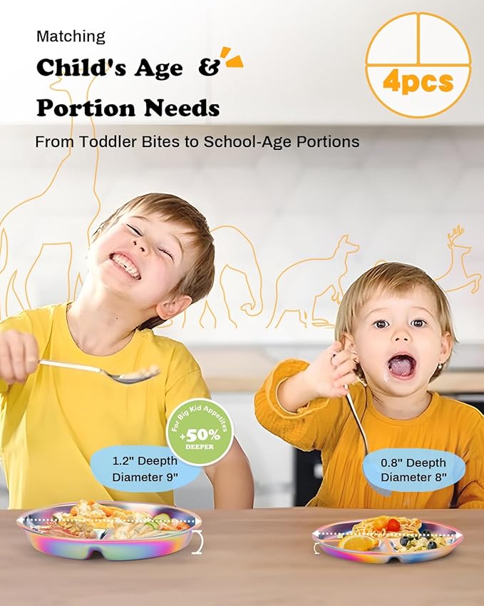 Bakpoco Stainless Steel Kids Plates 4 Packs, 8" Divided Toddlers Portion Control Plate, Non Toxic & BPA Free |Unbreakable |Dishwasher Safe Baby Snack Dish for Daycare, Colorful Meal Time Chums