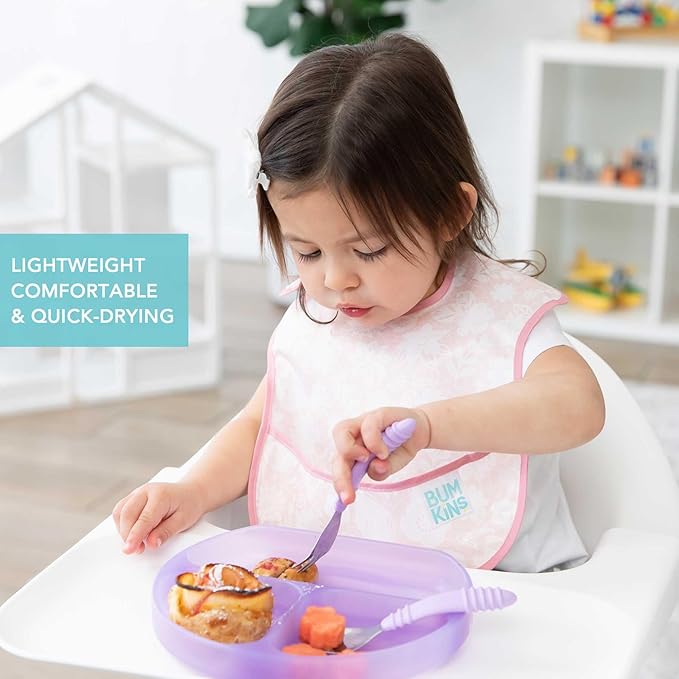 Bumkins Bibs for Girl or Boy, SuperBib Baby and Toddler for 6-24 Months, Essential Must Have for Eating, Feeding, Baby Led Weaning Supplies, Mess Saving Catch Food, Fabric 3-pk Floral and Lace