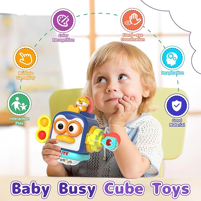 usrela 5 in 1 Baby Toy for 12 18 Month, Learning Toys for Babies 12-18 Months, Baby Busy Cube, Stacking&Sensory, Pull String&Piano Xylophone Toy, Birthday Gift for 12+ Month