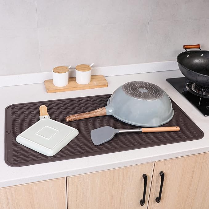 MicoYang Silicone Dish Drying Mat for Multiple Usage,Easy clean,Eco-friendly,Heat-resistant Silicone Mat for Kitchen Counter or Sink,Refrigerator or Drawer Liner Coffee 4XL 32 inches x 18 inches
