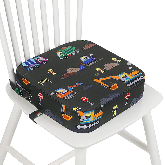 Toddler Booster Seat for Dining Table, 4" Kids Booster Seat for Kitchen Chair with Non-Slip Bottom, Portable Detachable Washable Increasing Cushion with 2 Adjustable Straps (Excavator)