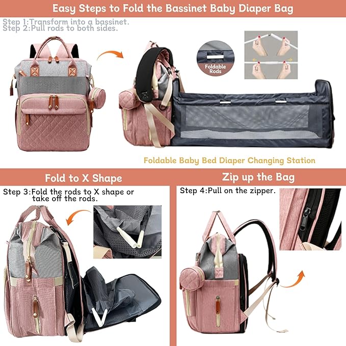 Lamroro Diaper Bag with Changing Station, Waterproof 3 in 1 Baby Diaper Backpack with Foldable Changing Pad, Pink-Grey