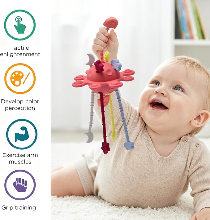 Little Rawr Silicone Baby Sensory Montessori Toys & Pull String Toys for 18 M+, Toddler Birthday Gift Car Seat Airplane Travel Toy for 1 2 Year Old Boy Girl Infant 18+ Months Old (Red)