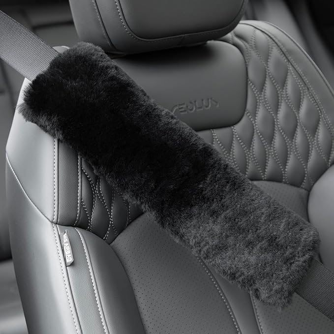 Soft Genuine Sheepskin Wool Auto Seat Belt Cover Seatbelt Shoulder Pad for a More Comfortable Driving, Compatible with All Cars(Black)