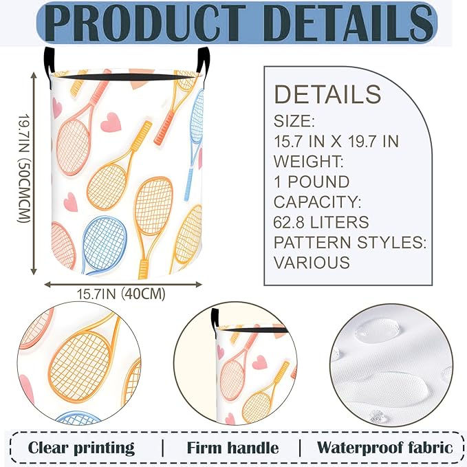 Tennis Laundry Basket Hamper 19.7"x15.8", Sport Racket Foldable Waterproof Oxford Clothes Storage Bucket for Room Bathroom Bedroom Nursery Decor, Toy Organizer Bins Gifts for Kids Boys Girls