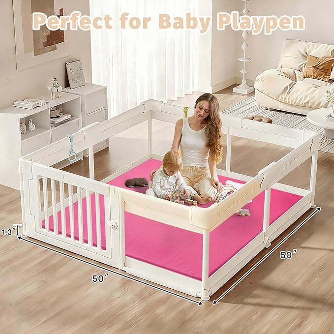 Waterproof Baby Play Mat for Floor 1.3"Thick Memory Foam 50 * 50 Cushion Playpen Playmat Tummy Time Nursery Rug Pad Mattress Create Soft & Safe Area for Infants,Toddler,Kids,Hot Pink