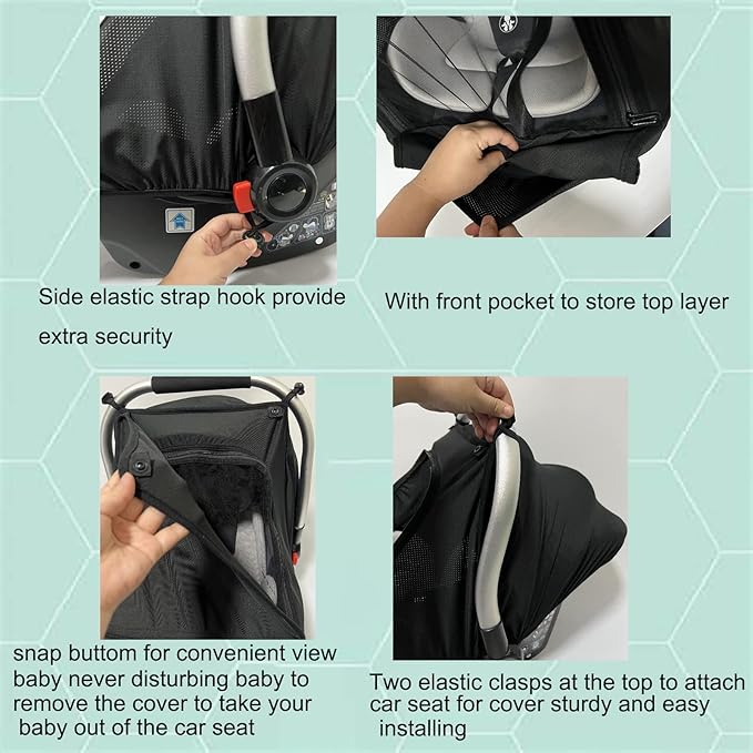 3-in-1 Car-Seat Canopy Cover - Protective Carseat Sun Shade Canopy with Privacy Shade Canopies Covers for Boys Girls,Inner Bug Nets for Newborn Infant Protect Baby from Mosquito & Insect (Black)