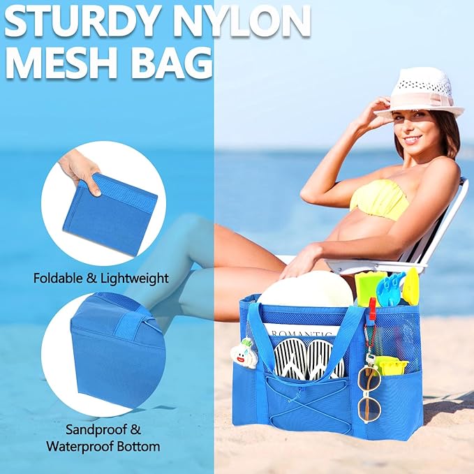 Mesh Beach Bag, Large Beach Tote with Zipper Pocket for Family Pool Bag for Toys & Vacation Essentials