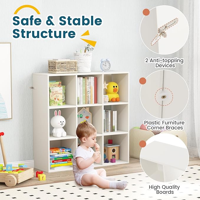Costzon 9-Cube Toy Storage Organizer, 4-Tier Wooden Bookcase for Books and Toys Storage, Book Shelf for Kids Rooms, Playroom, Living Room, Nursery