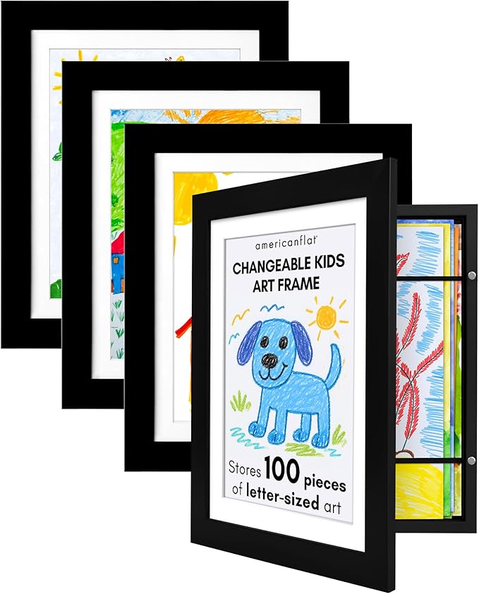 Americanflat - 4 Pack - Kids Artwork Frame Changeable (Black) - Magnetic Door Holds 100 Art Pieces - 8.5x11 Letter Size Display with Mat or 10x12.5 Without Mat - My Mini Masterpiece