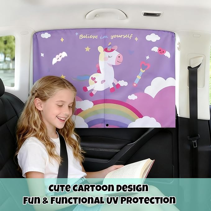 Car Window Shade for Baby, 2 Pack Magnetic Double Layer Cute Unicorn Car Shades for Side Windows, Adjustable Privacy Blackout/See-Through Window Curtains for Baby Kids UV Protection