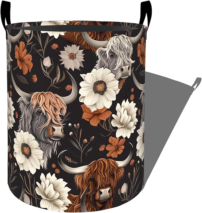 Cute Highland Cow and Flowers Laundry Basket with Handles, 19.7"x15.7" Clothes Foldable Laundry Hamper Organizer for Dorm Nursery Bedroom Bathroom Decor, Toy Storage Bin for Kids