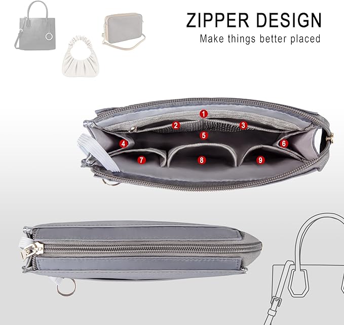 Vercord Purse Organizer Insert with Zipper for Women Hobo Handbags Shaper Insert 12 Pockets Bag Grey Small