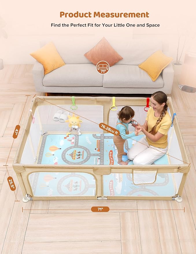 Dripex Baby Playpen with Mat, 71"x47" Play Pen for Toddlers 1-3 Years, Soft Breathable Visible Mesh, Indoor/Outdoor Portable Play Yard with Mat, Safe Baby Fence Play Area, Beige