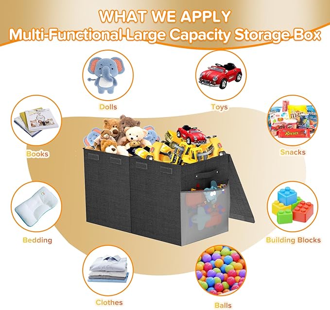 Large Toy Box Chest, Collapsible Sturdy Toy Storage Organizer Boxes Bins Baskets Dinosaur Kids Toy Chest Bin with Lids for Boys Girls Living Room Playroom Bedroom Nursery 25"x14"x16" Black