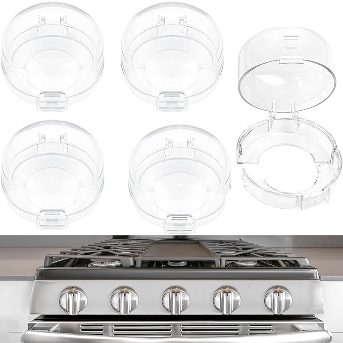 Stove Knob Safety Covers, Stove Knob Covers for Child Safety, Gas Stove Knob Locks, Prevent Baby Pets from Turning on Stoves, Baby proofing, Heat-Resistant Adhesive, (Clear)-5 Pack